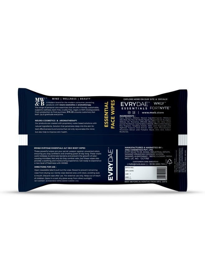 إم دبليو آند بي مناديل الجسم MW&B EVRYDAE Essentials Alt Deo، 25 قطعة، برائحة تدوم طويلاً، مرطبة، منعشة، ومنظفة للنساء والرجال، برائحة الأوكالبتوس المنعشة، وشجرة الشاي، والليمون - Image 2